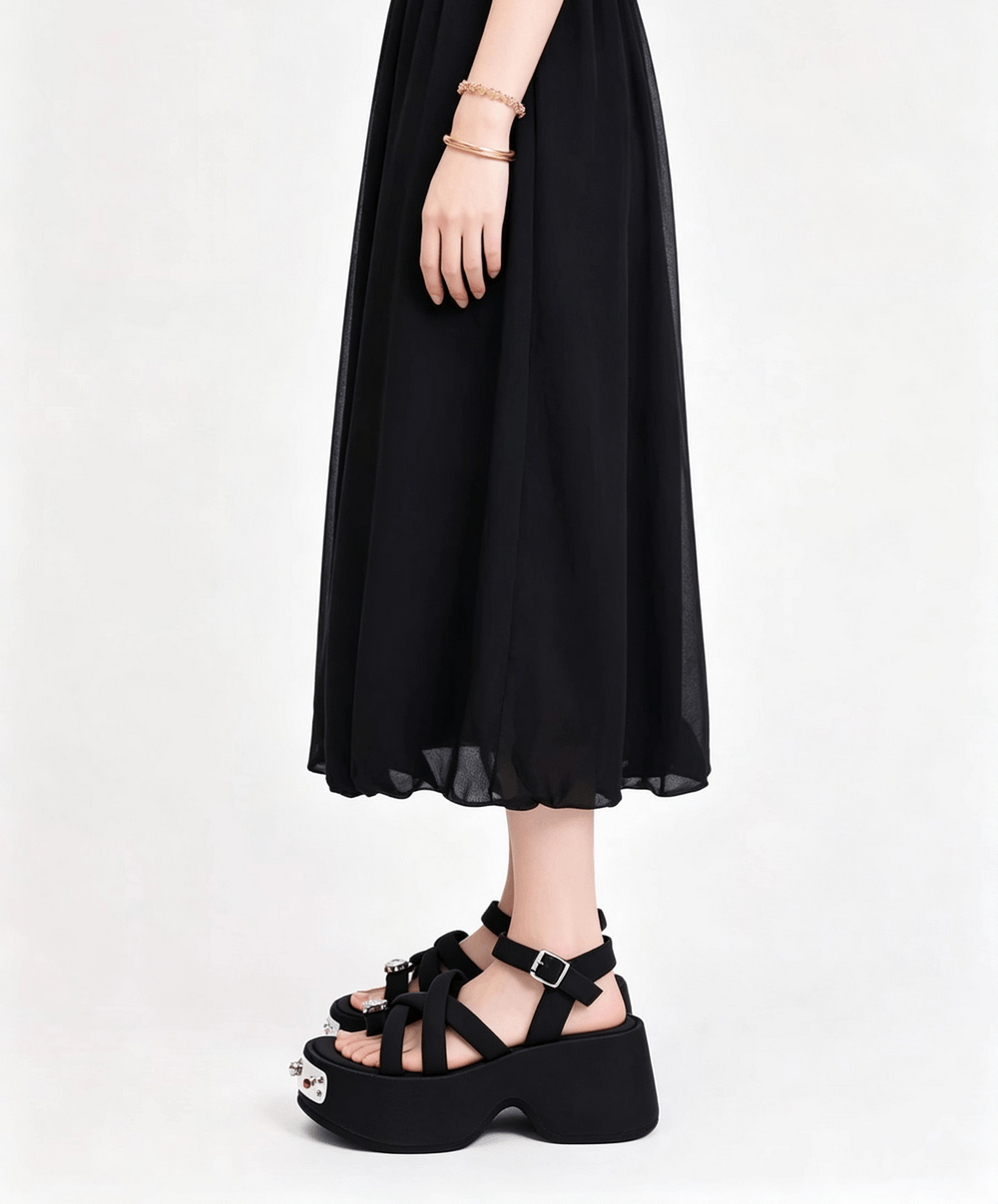 Women's Gothic Black Platform Sandals with Gem Accents