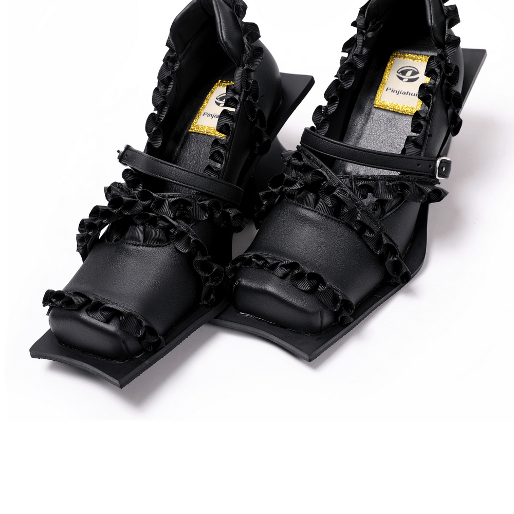 Women's Gothic Black Ruffled Mary Jane Sculptural Heels