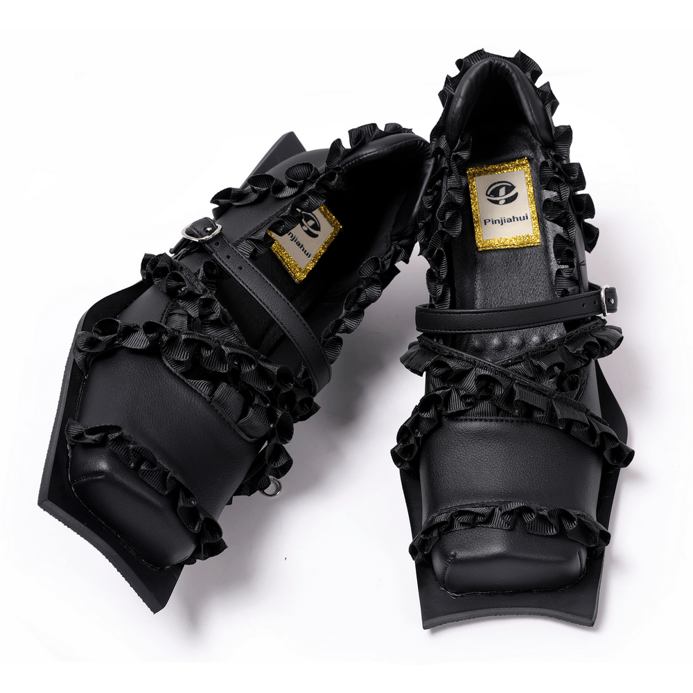 Women's Gothic Black Ruffled Mary Jane Sculptural Heels