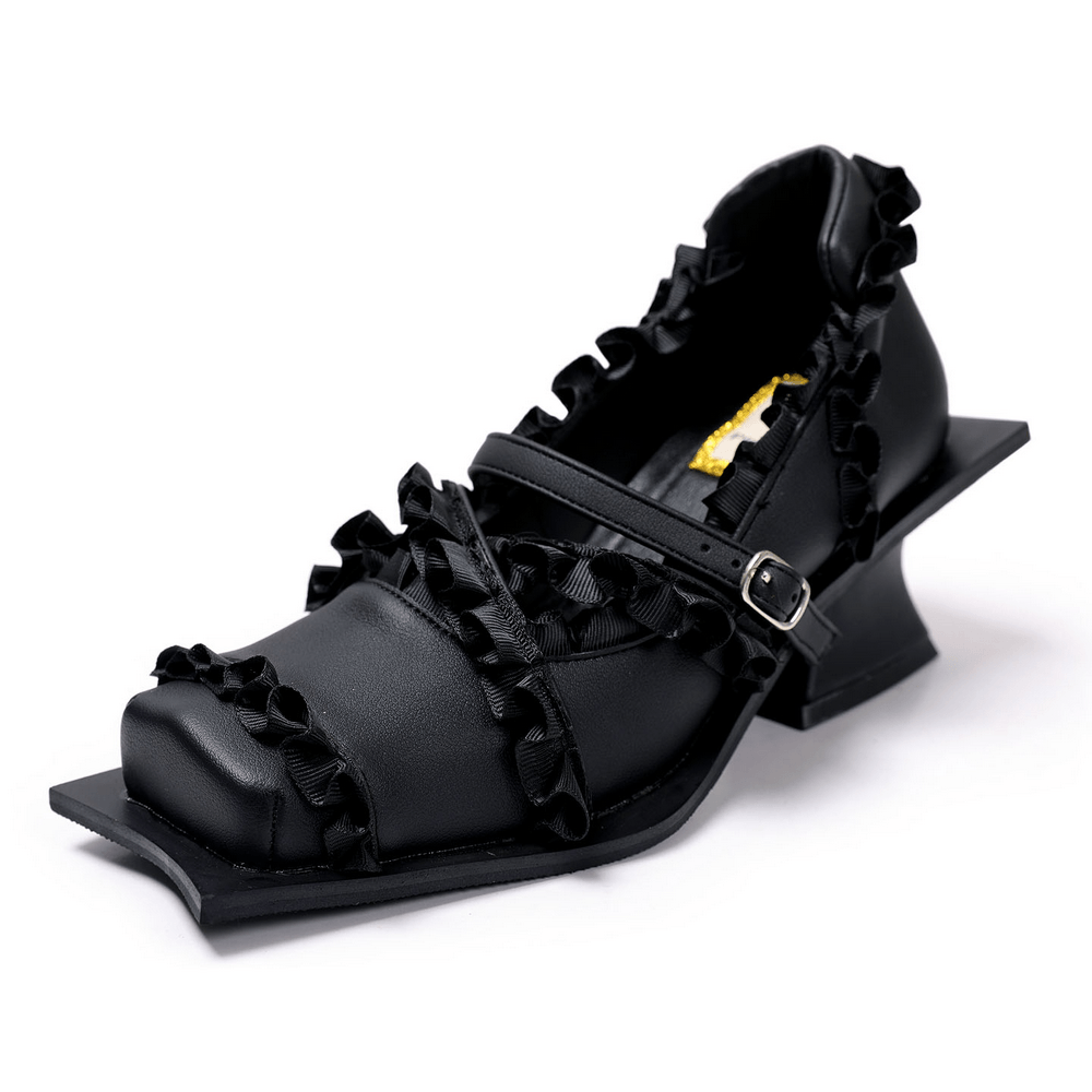 Women's Gothic Black Ruffled Mary Jane Sculptural Heels