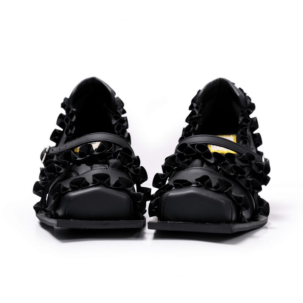 Women's Gothic Black Ruffled Mary Jane Sculptural Heels