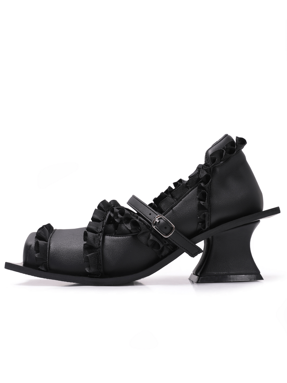 Women's Gothic Black Ruffled Mary Jane Sculptural Heels