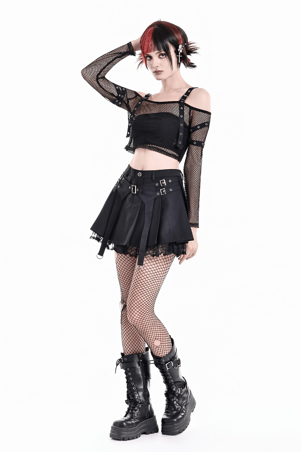 Women's Gothic Buckle Pleated Lace Mini Skirt