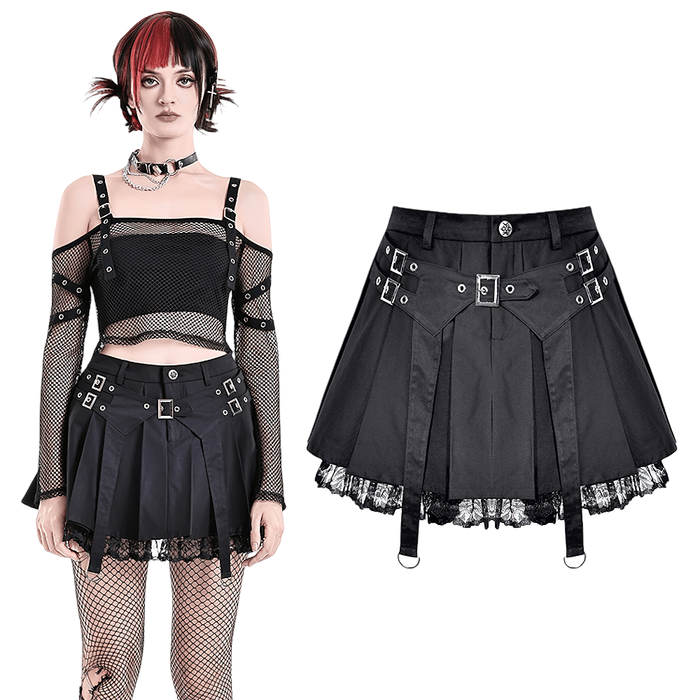 Women's Gothic Buckle Pleated Lace Mini Skirt