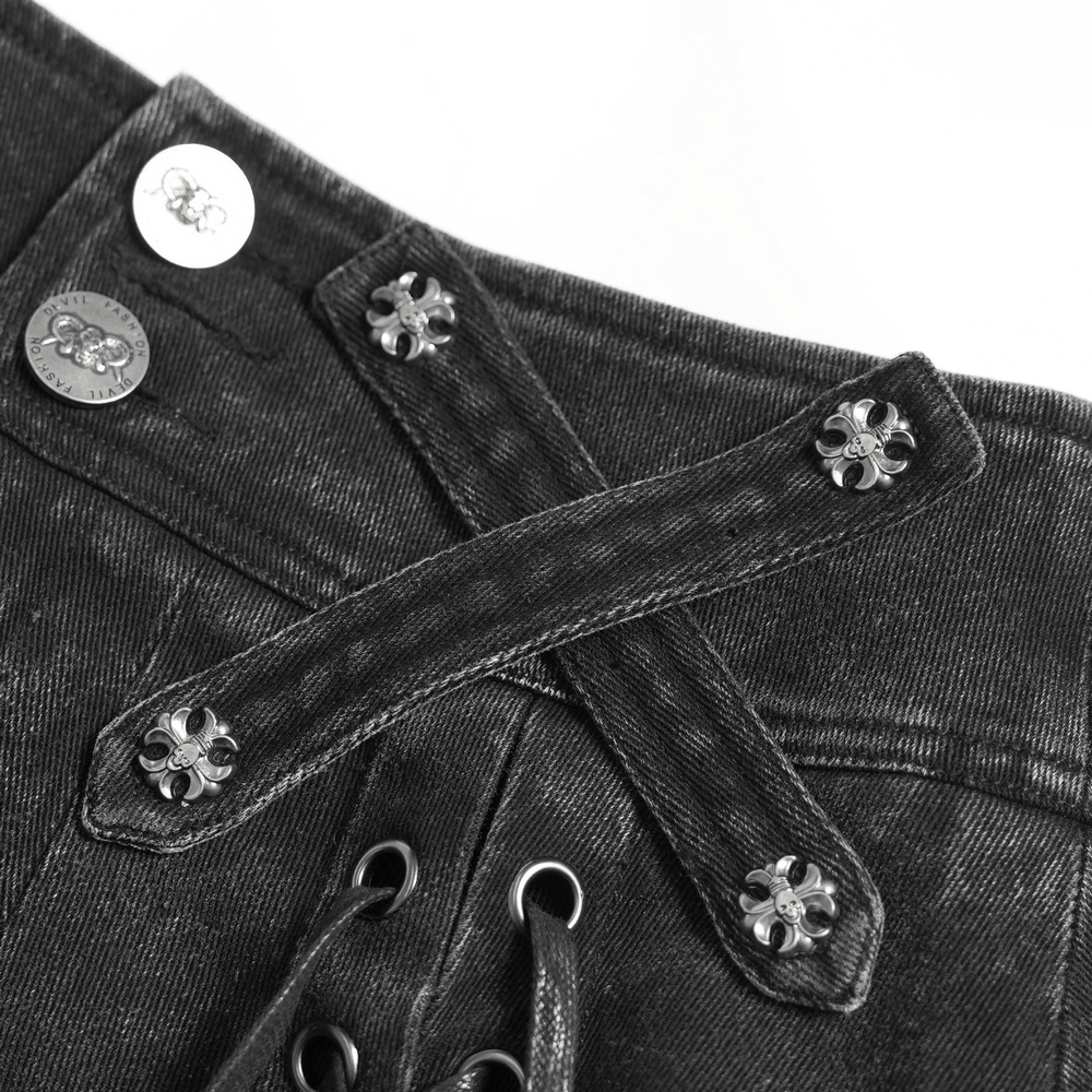 Women's Gothic Denim Skirt with Lace-Up Strap Details