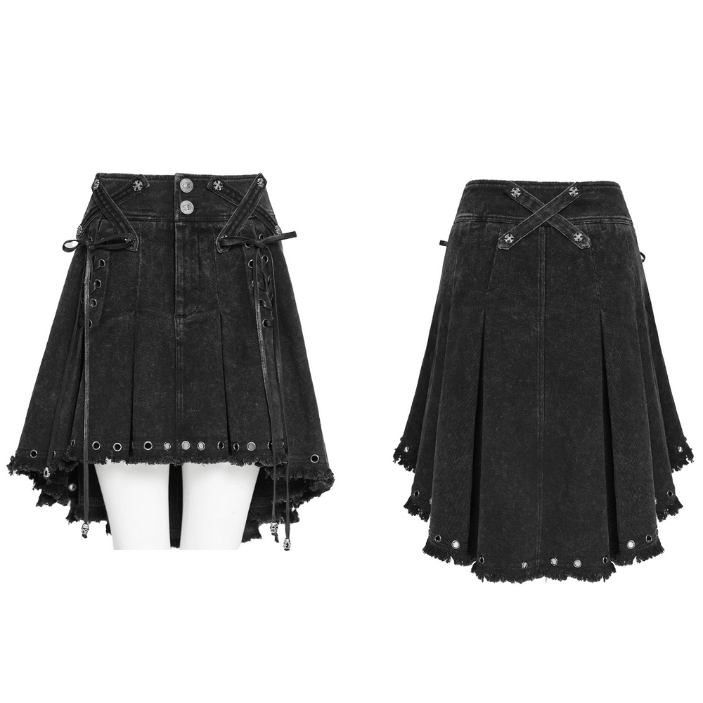 Women's Gothic Denim Skirt with Lace-Up Strap Details