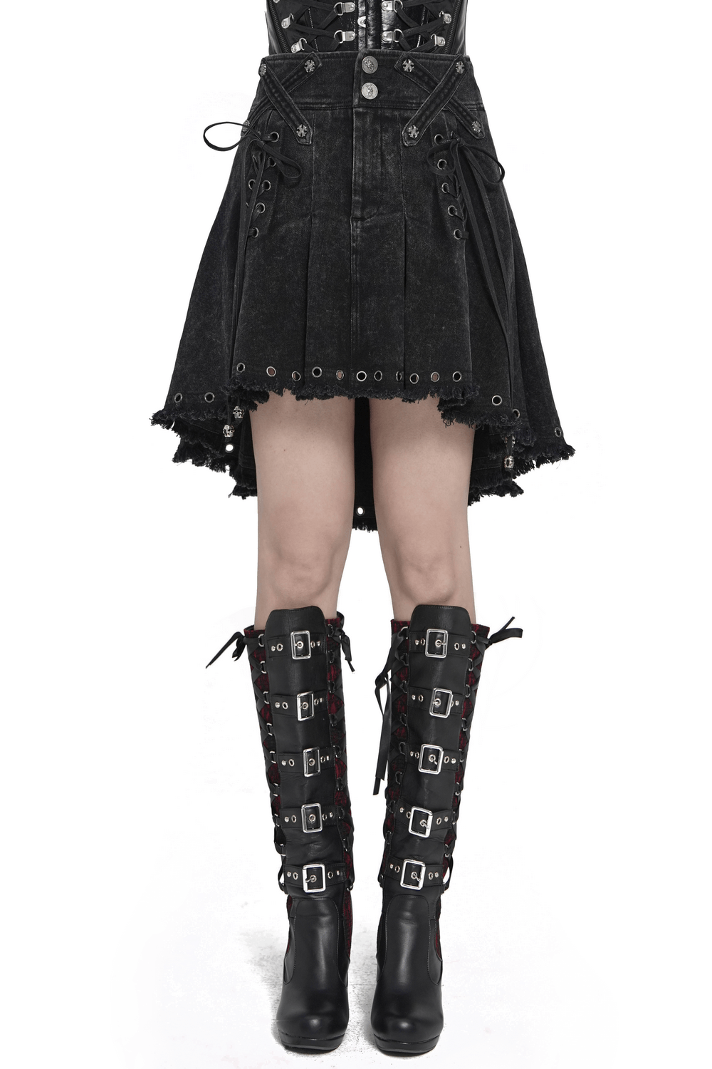 Women's Gothic Denim Skirt with Lace-Up Strap Details