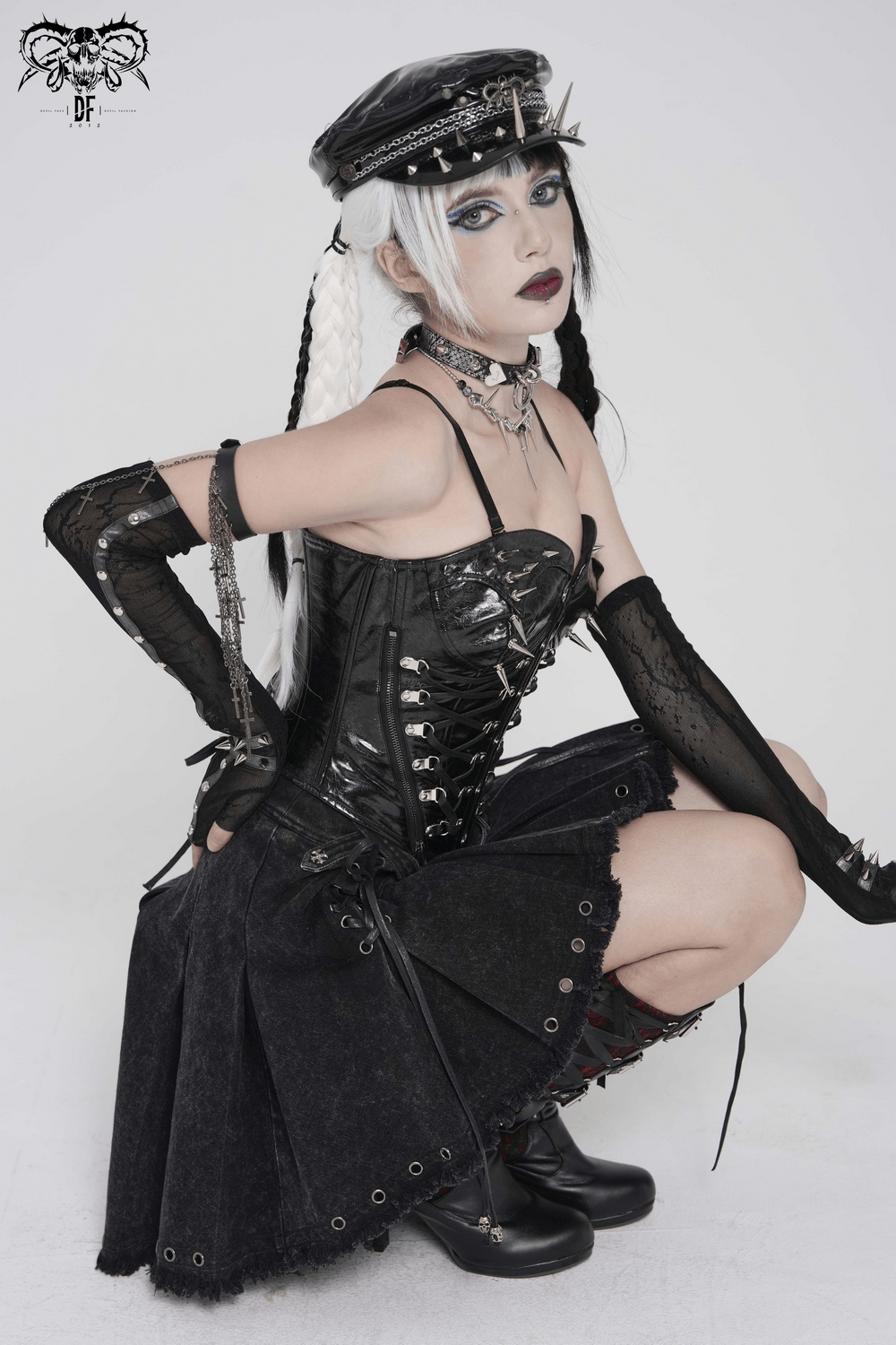 Women's Gothic Denim Skirt with Lace-Up Strap Details