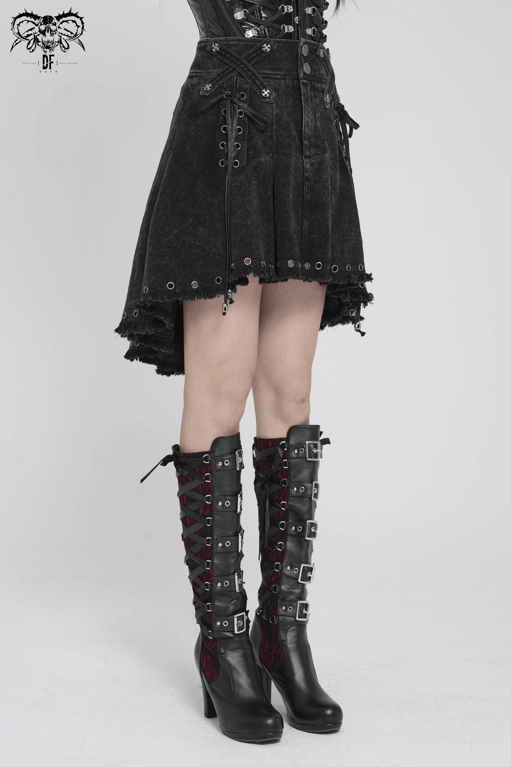 Women's Gothic Denim Skirt with Lace-Up Strap Details