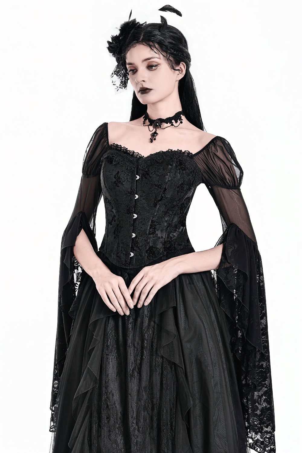 Women's Gothic Jacquard Overbust Corset with Lace