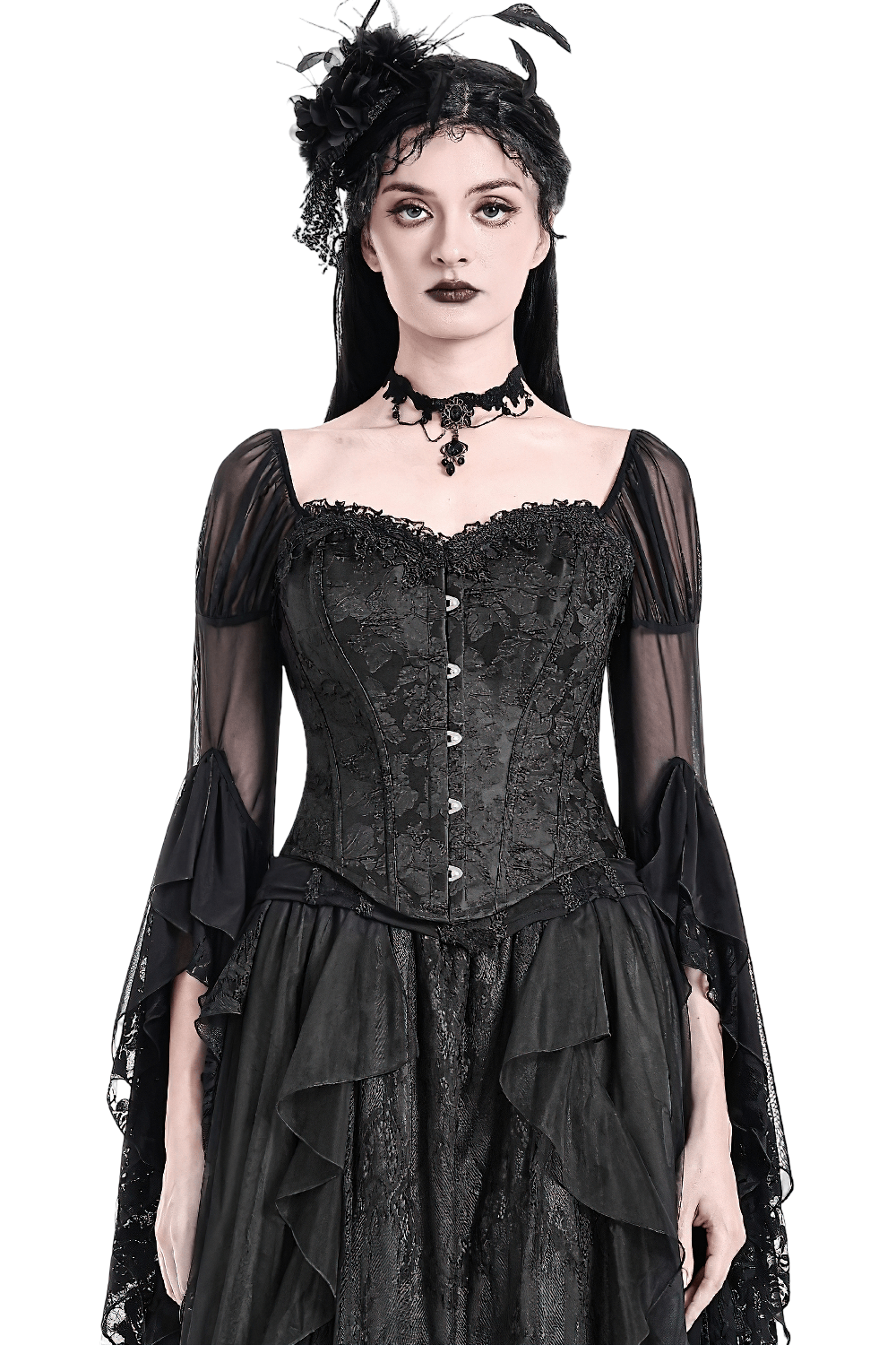 Women's Gothic Jacquard Overbust Corset with Lace