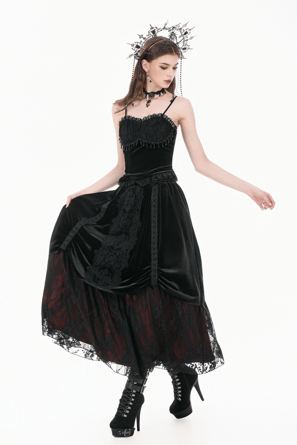 Women's Gothic Lace Camisole with Beaded Bust and Frills
