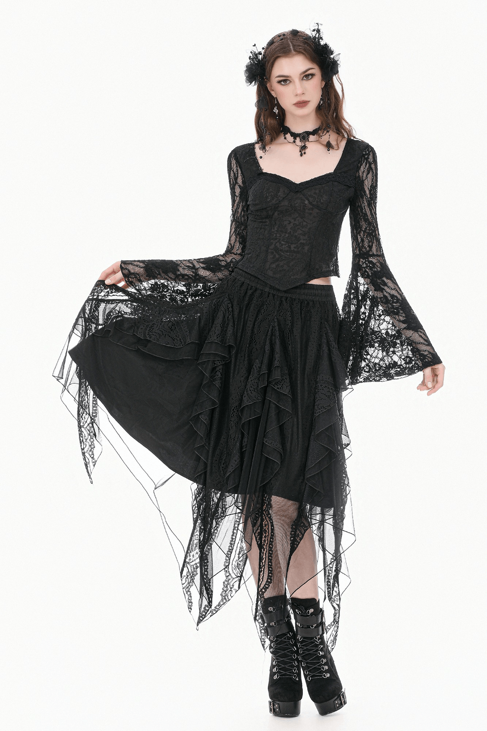 Women's Gothic Lace Handkerchief Skirt with Ruffles