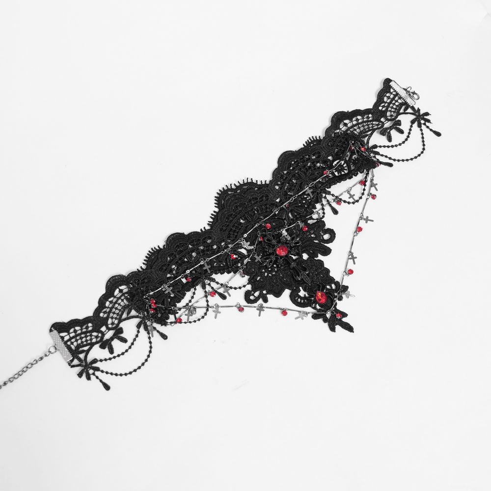 Women's Gothic Lace Red Gem Layered Choker Necklace
