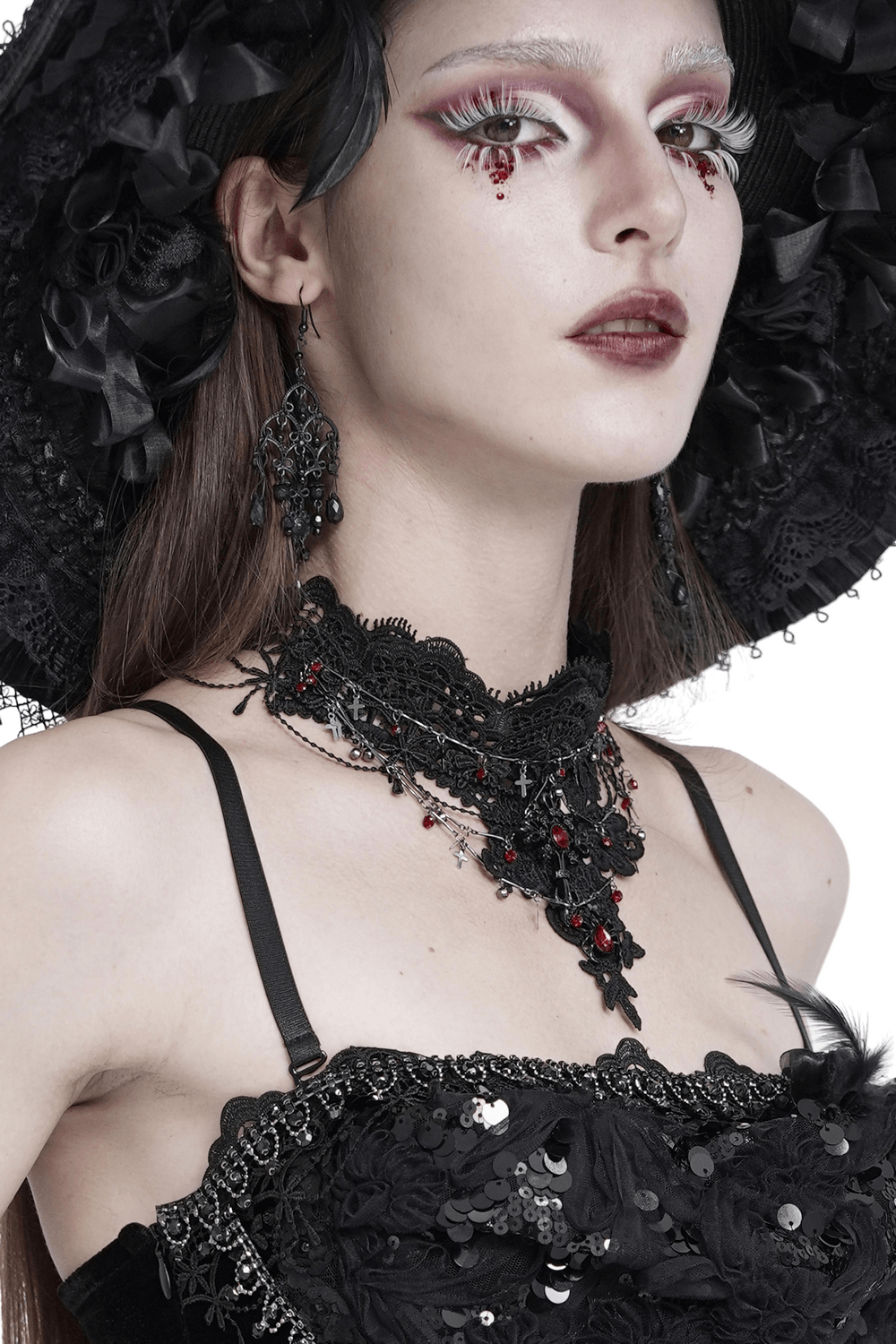 Women's Gothic Lace Red Gem Layered Choker Necklace