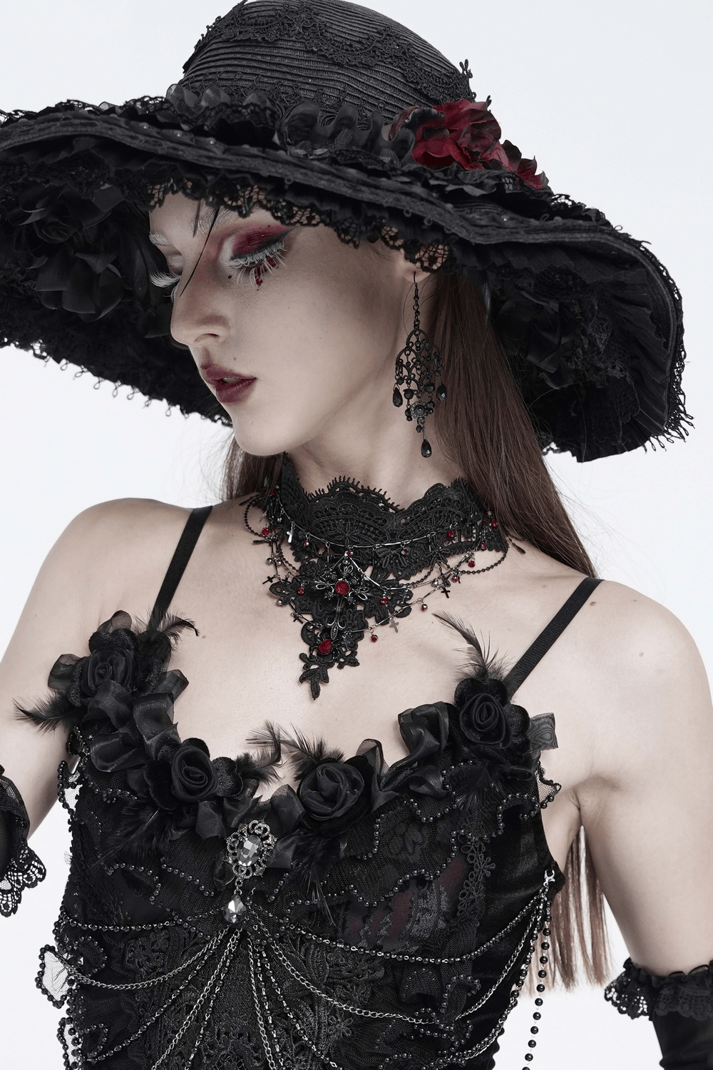 Women's Gothic Lace Red Gem Layered Choker Necklace