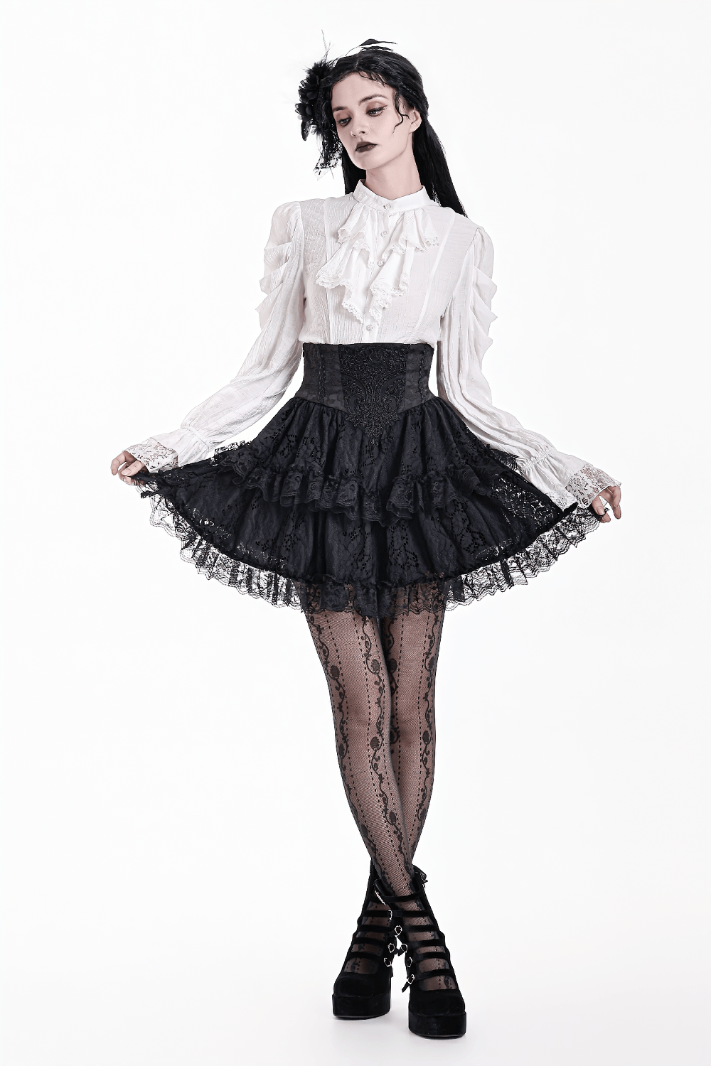 Women's Gothic Lace Ruffle High Waist Mini Skirt