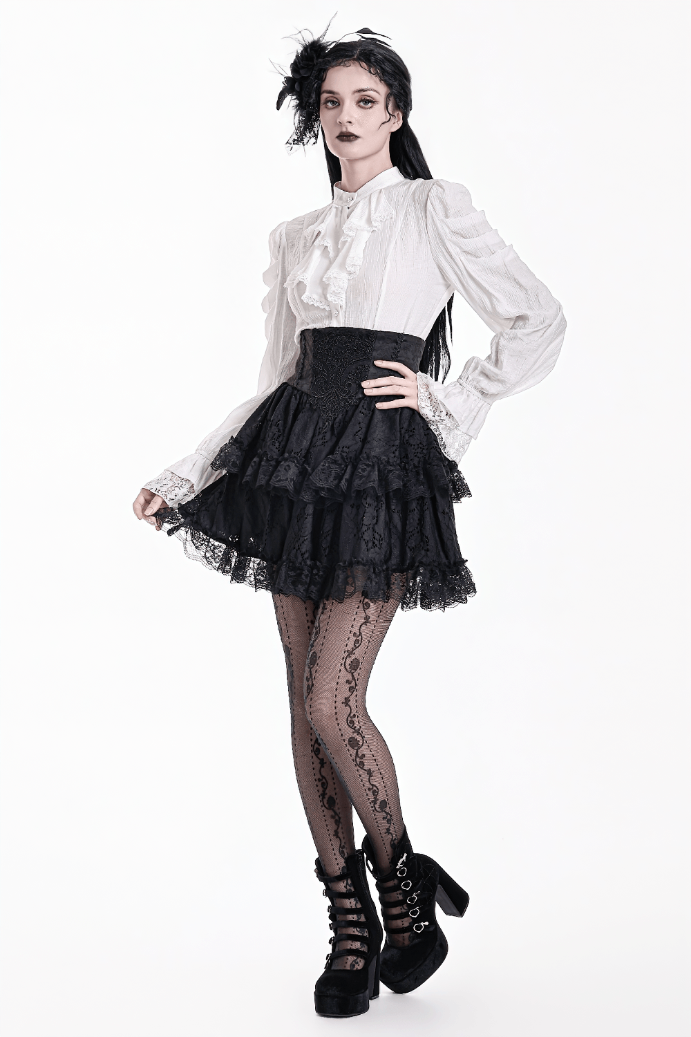 Women's Gothic Lace Ruffle High Waist Mini Skirt