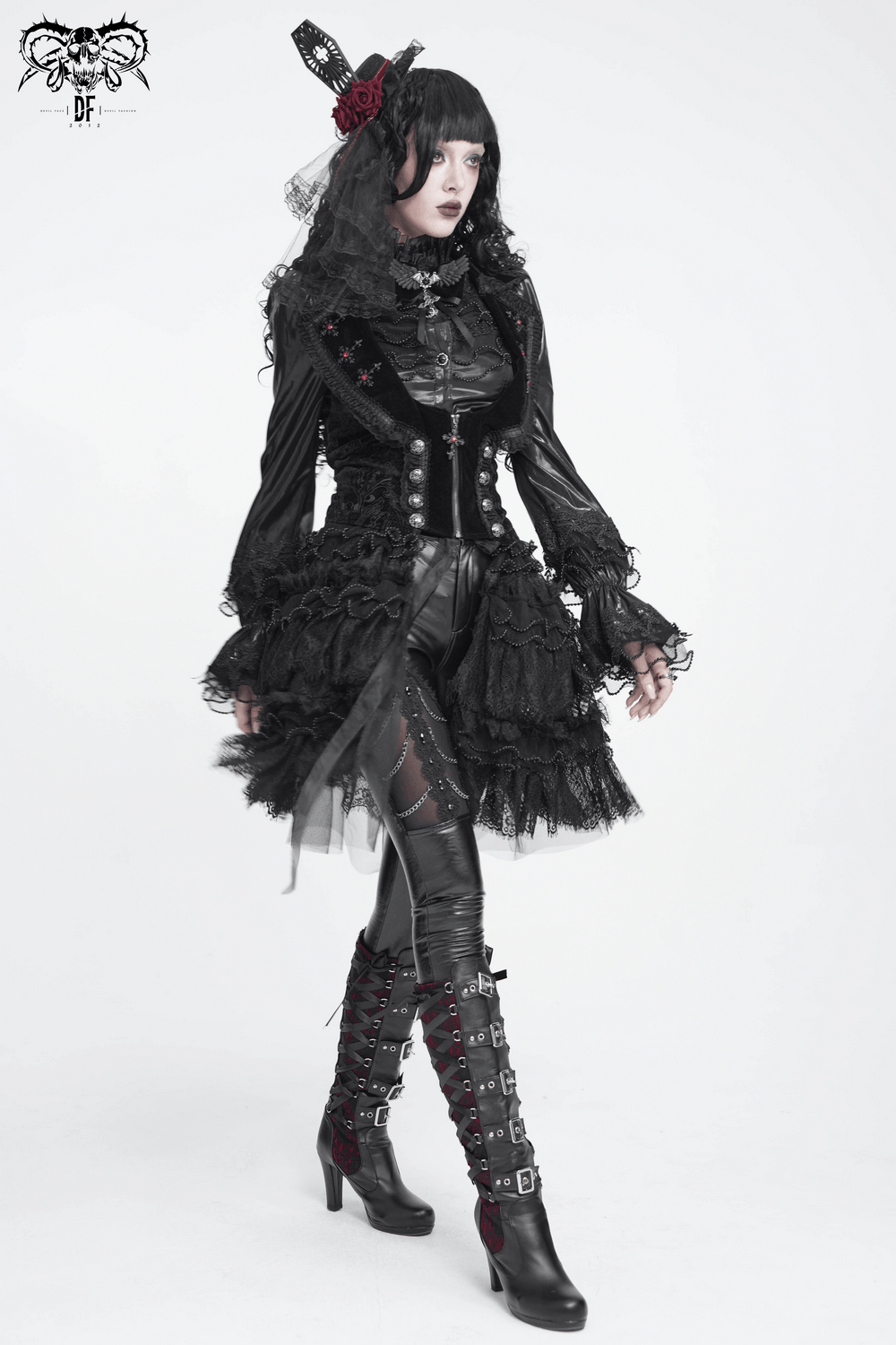Women's Gothic Lace Ruffle Mini Skirt with Layered Trim