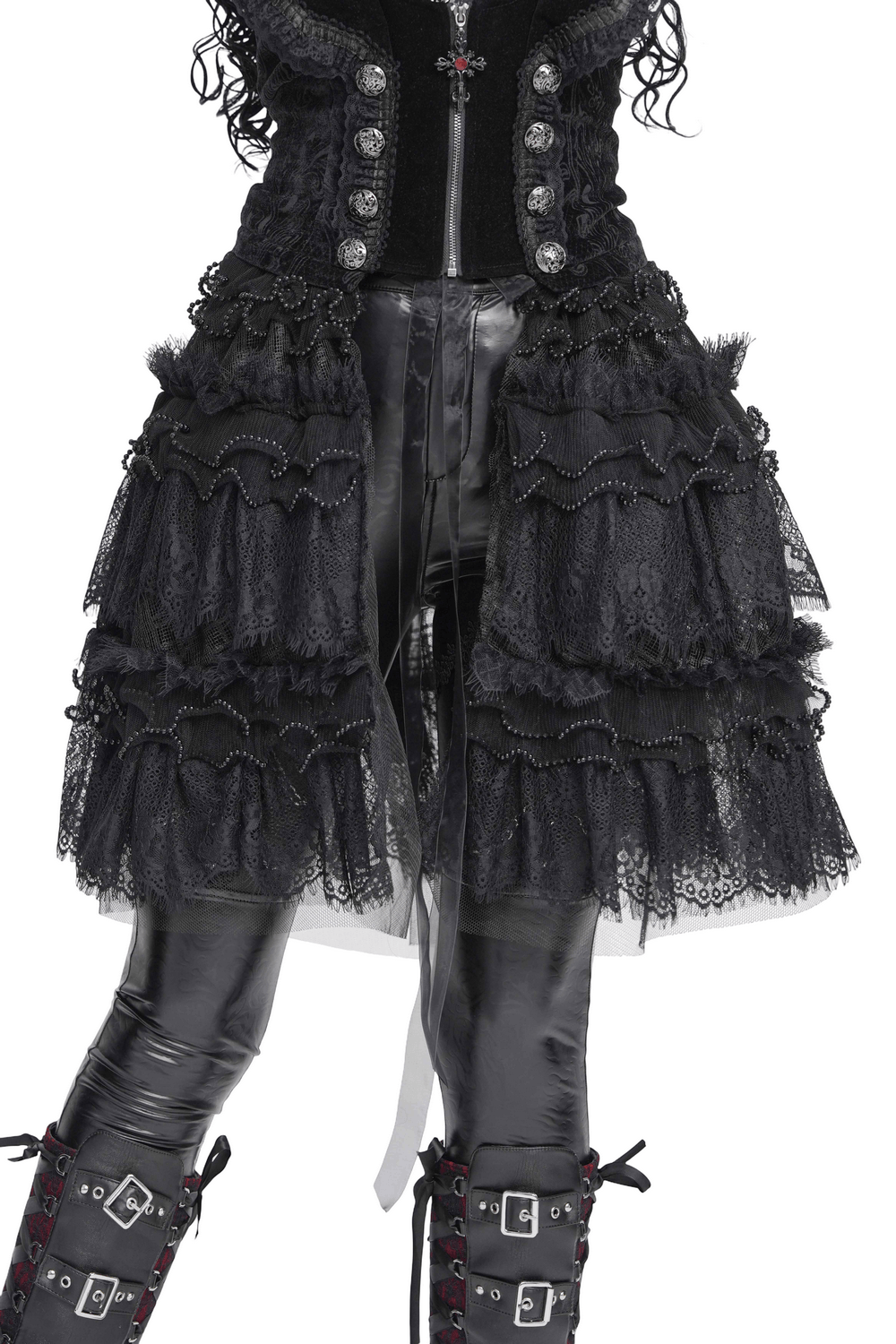 Women's Gothic Lace Ruffle Mini Skirt with Layered Trim