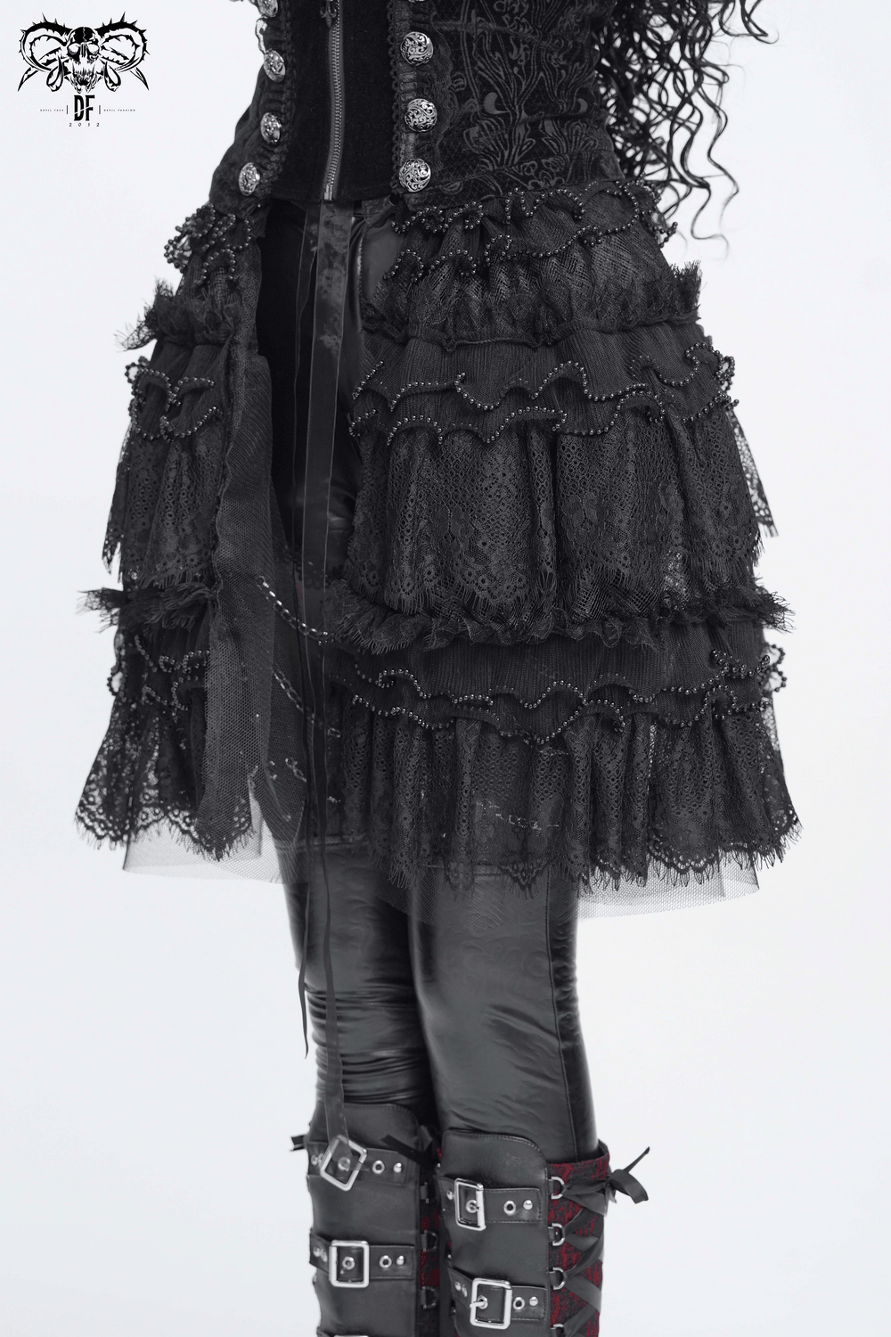 Women's Gothic Lace Ruffle Mini Skirt with Layered Trim