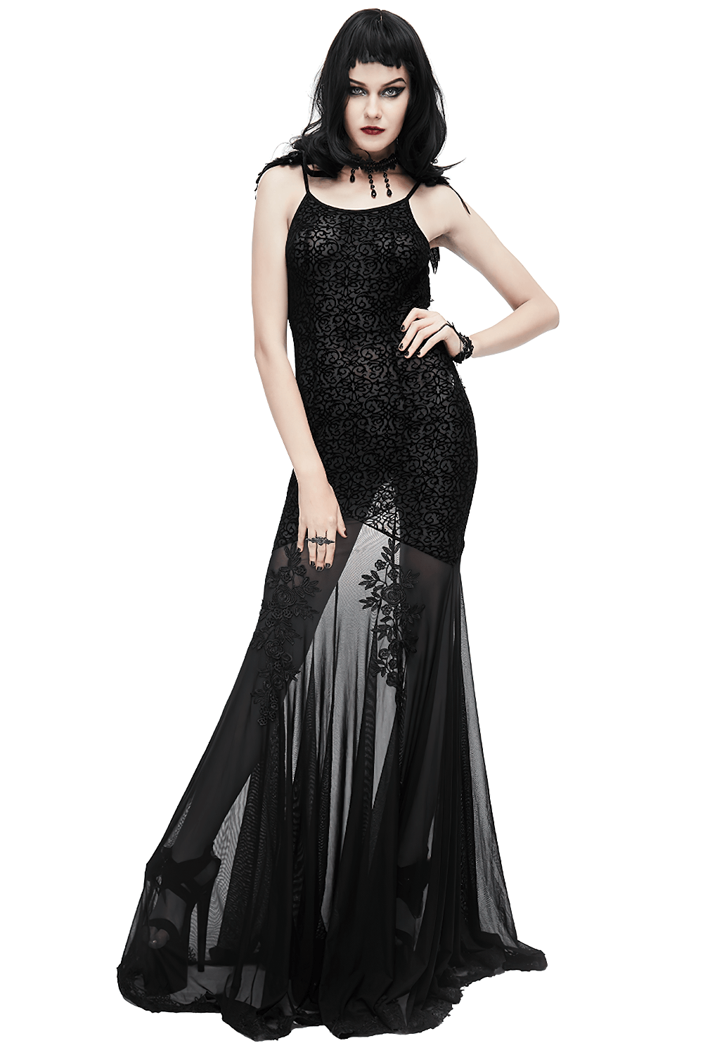 Women's Gothic Long Dress with transparent Bottom / Black Sexy Backless Dresses with Embroidery