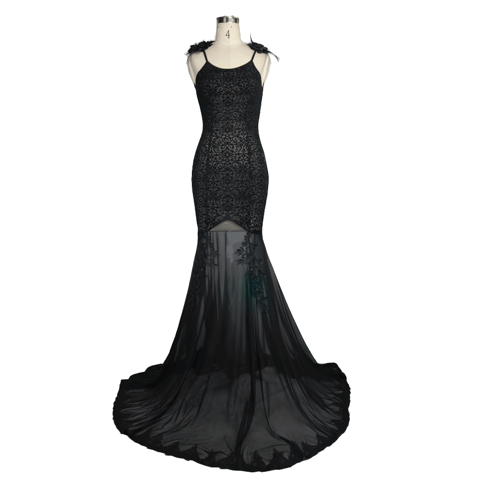 Women's Gothic Long Dress with transparent Bottom / Black Sexy Backless Dresses with Embroidery