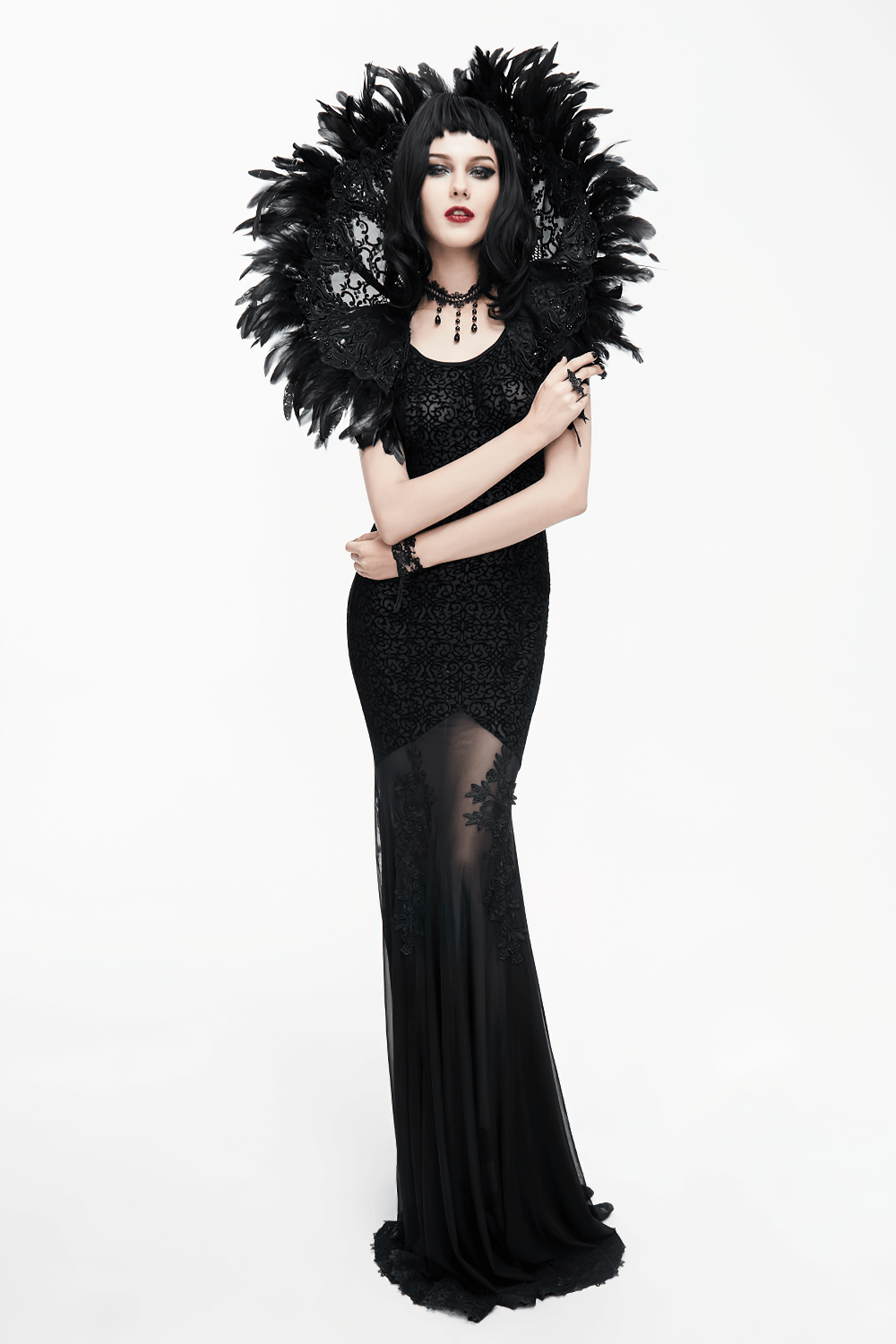 Women's Gothic Long Dress with transparent Bottom / Black Sexy Backless Dresses with Embroidery