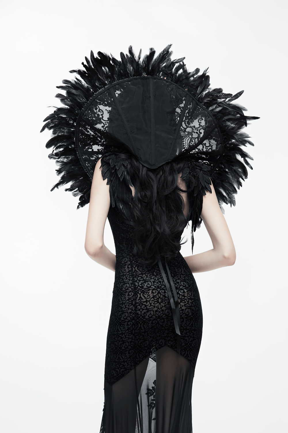 Women's Gothic Long Dress with transparent Bottom / Black Sexy Backless Dresses with Embroidery