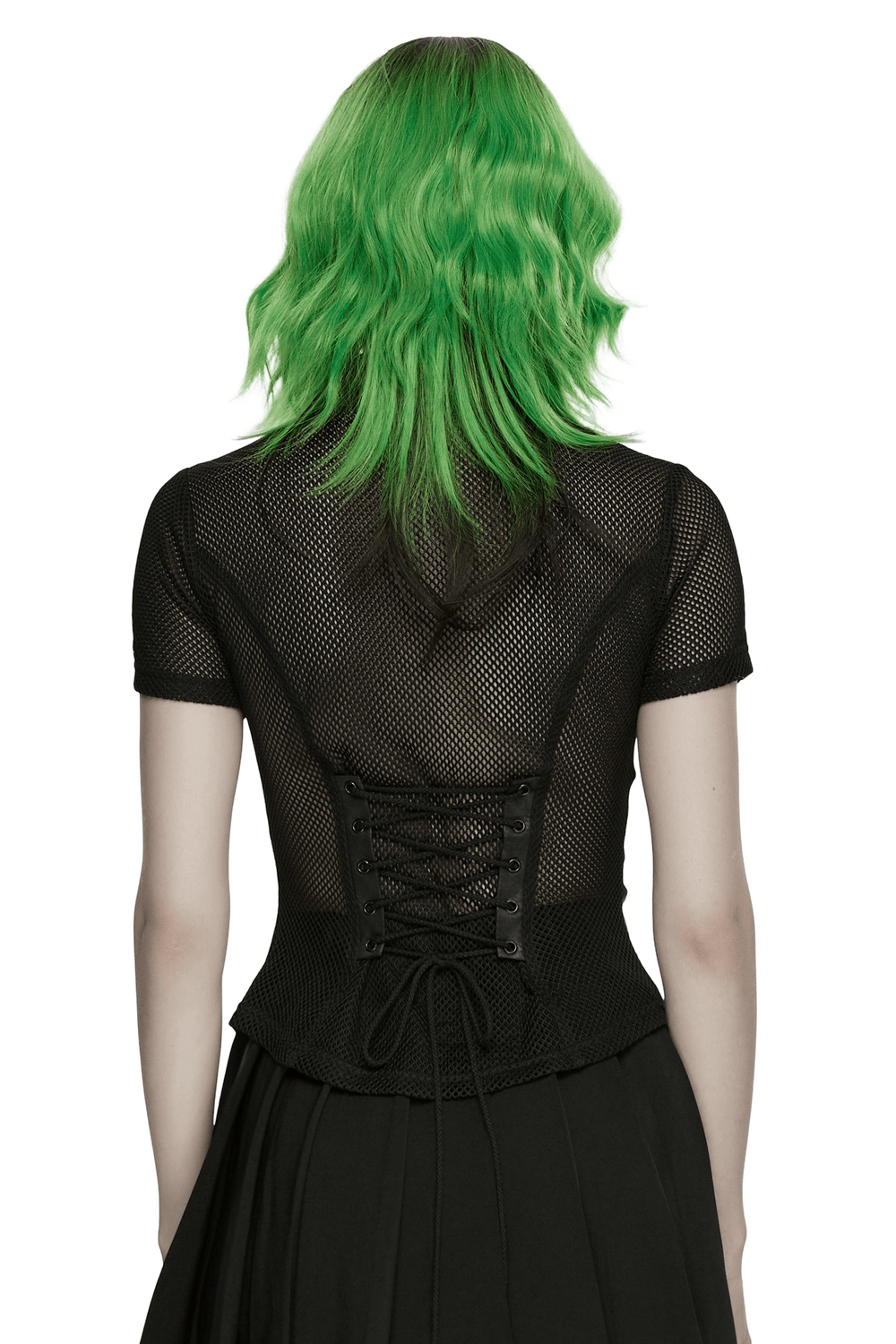 Women's Gothic Mesh Faux Leather Shirt With Lace-Up Back