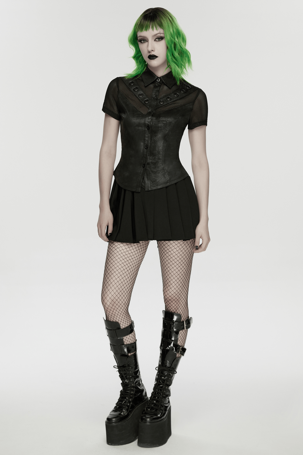 Women's Gothic Mesh Faux Leather Shirt With Lace-Up Back