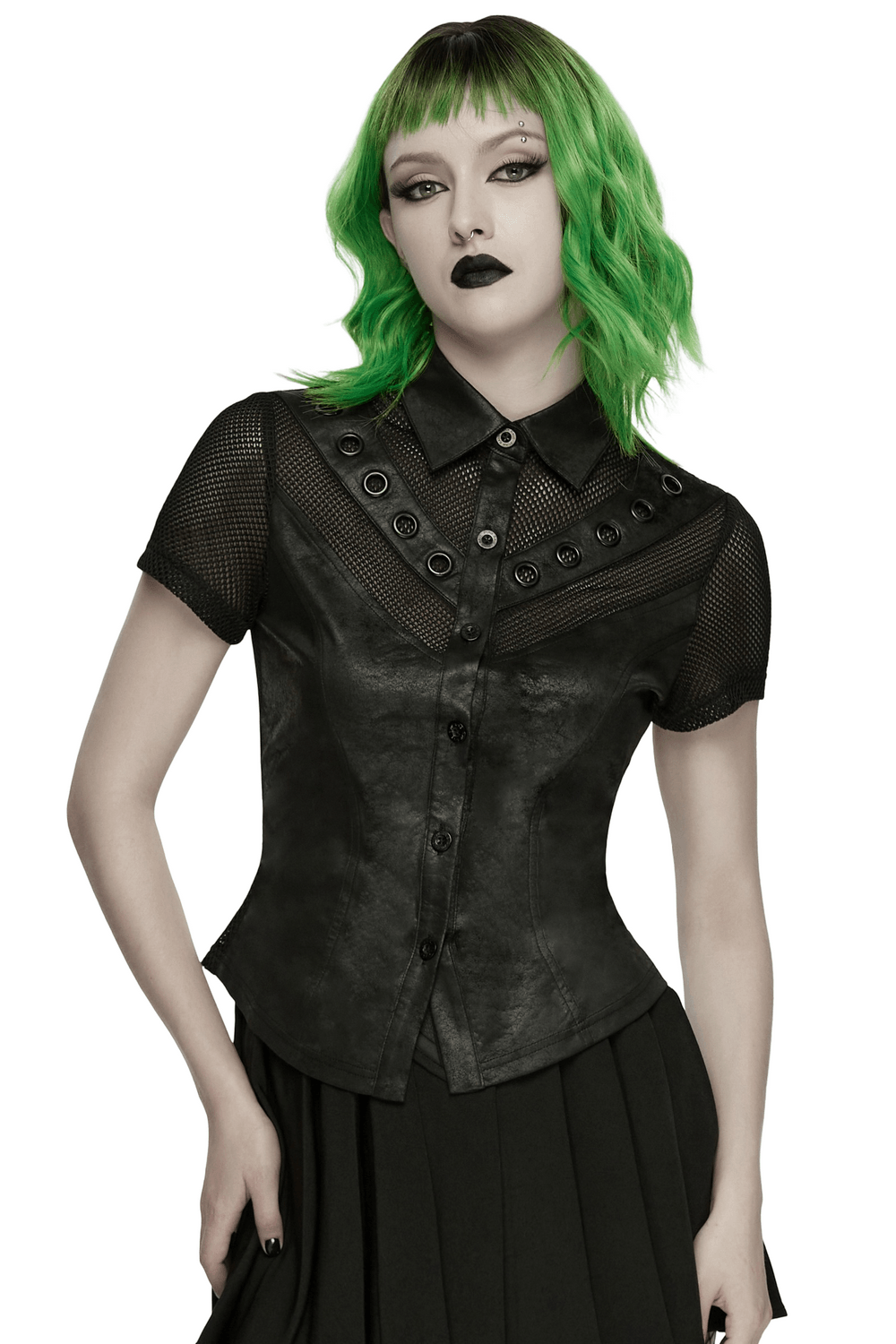Women's Gothic Mesh Faux Leather Shirt With Lace-Up Back