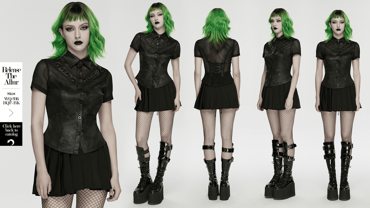 Women's Gothic Mesh Faux Leather Shirt With Lace-Up Back