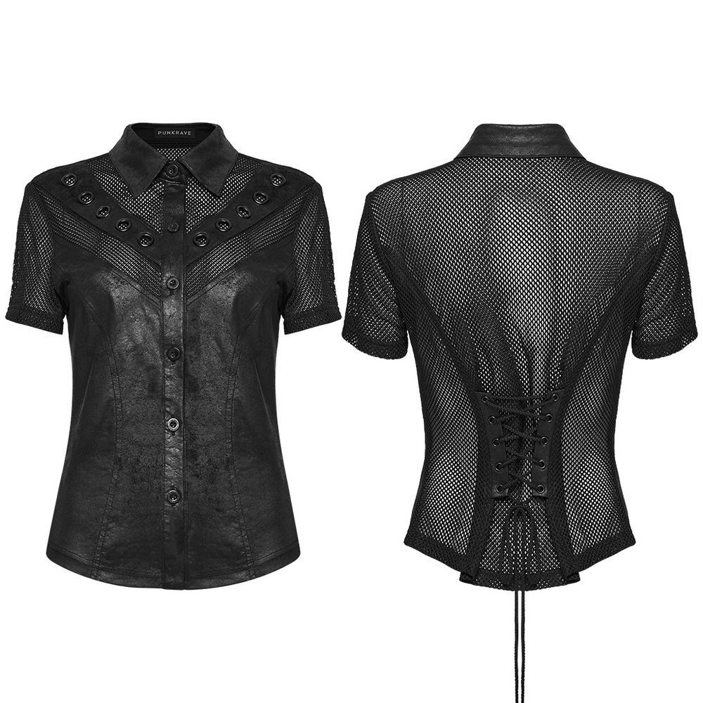 Women's Gothic Mesh Faux Leather Shirt With Lace-Up Back
