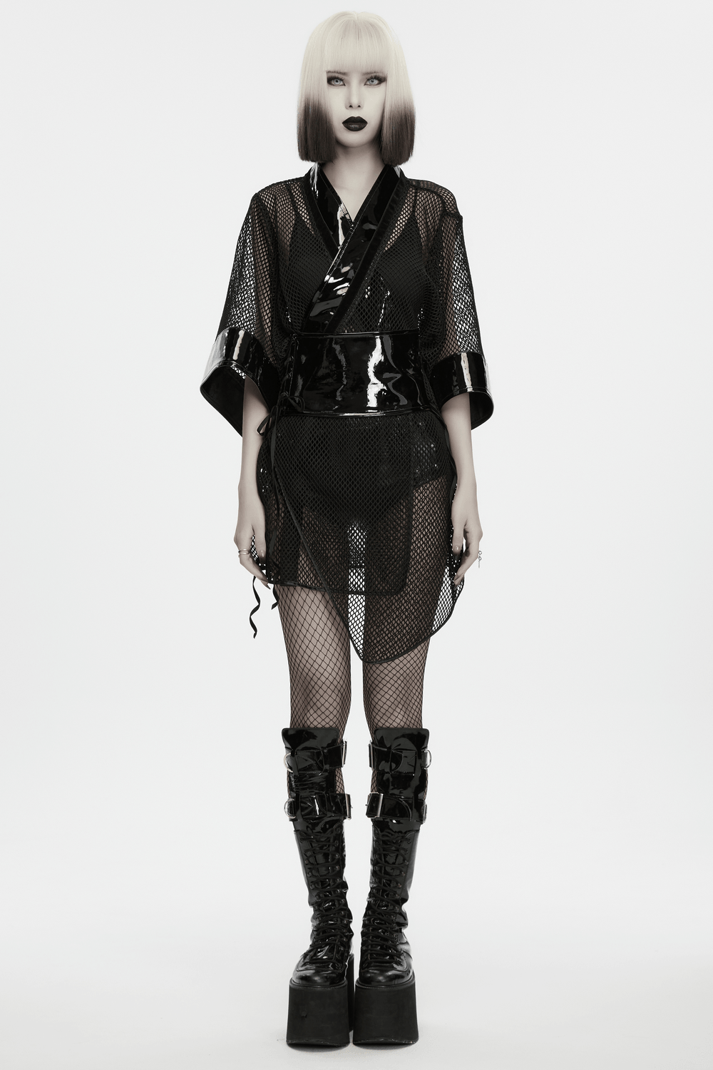 Women's Gothic Mesh Kimono with Patent Corset Belt