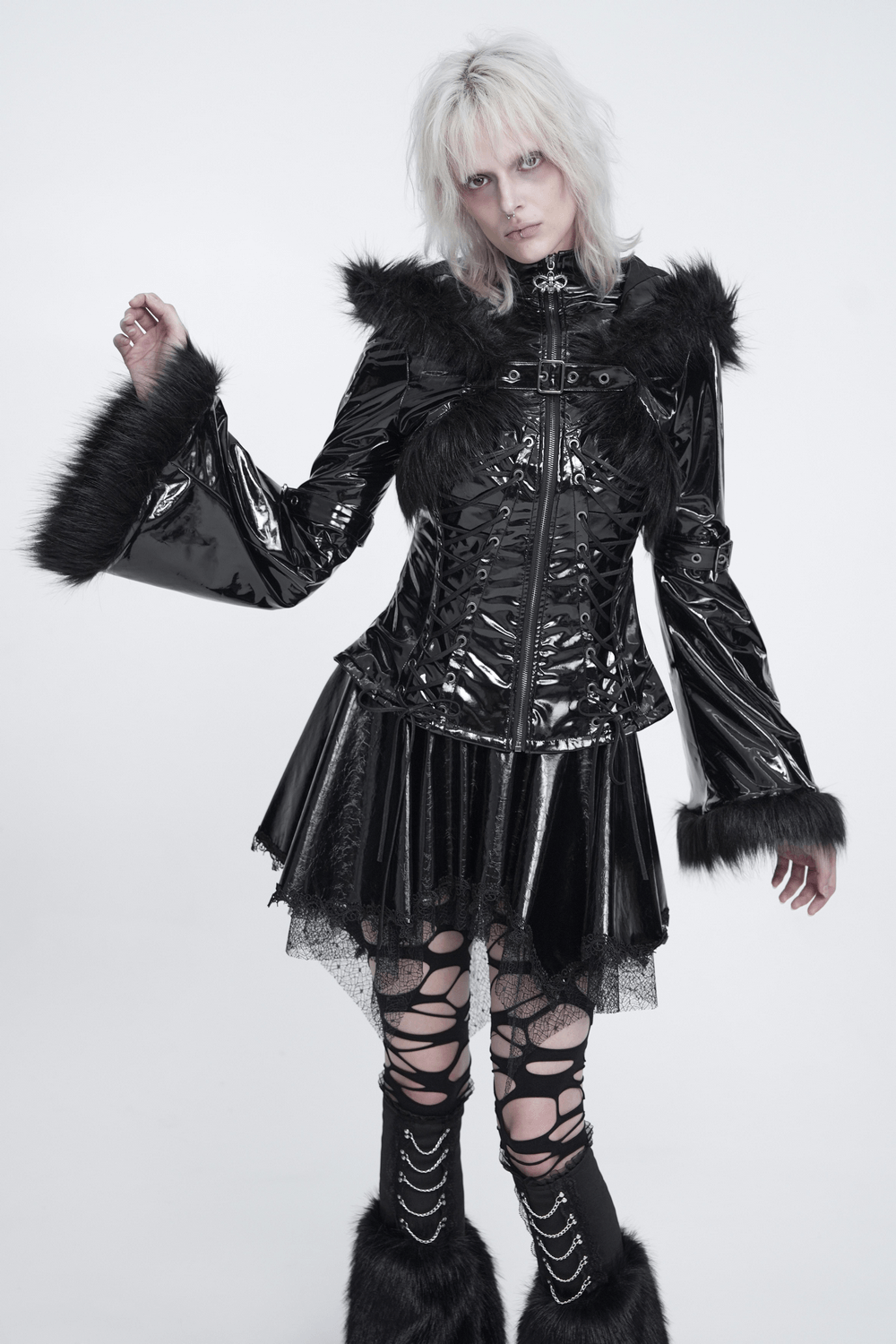 Women's Gothic Patent Hooded Jacket with Faux Fur