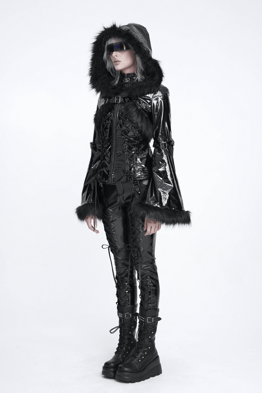 Women's Gothic Patent Hooded Jacket with Faux Fur