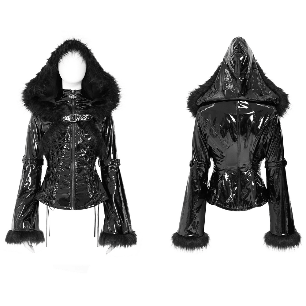 Women's Gothic Patent Hooded Jacket with Faux Fur