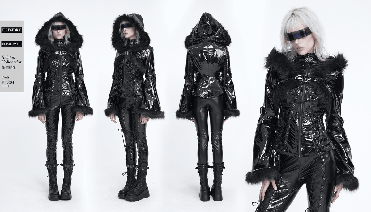 Women's Gothic Patent Hooded Jacket with Faux Fur