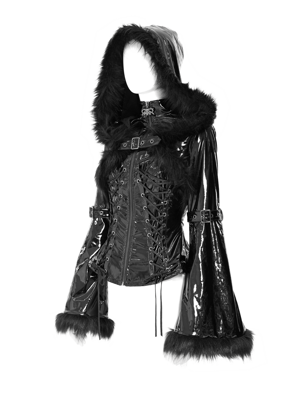 Women's Gothic Patent Hooded Jacket with Faux Fur