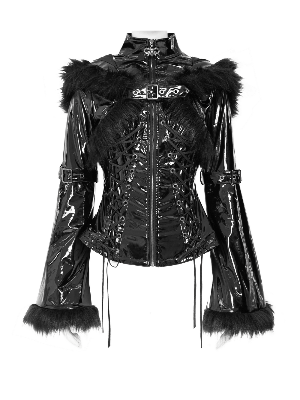 Women's Gothic Patent Hooded Jacket with Faux Fur
