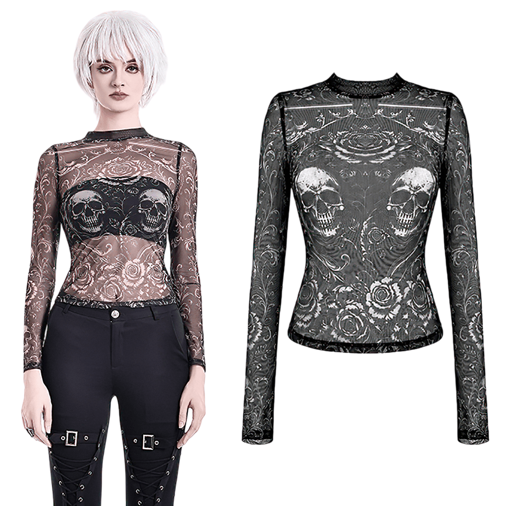 Women's Gothic Skull and Rose Mesh Long Sleeve Sheer Top