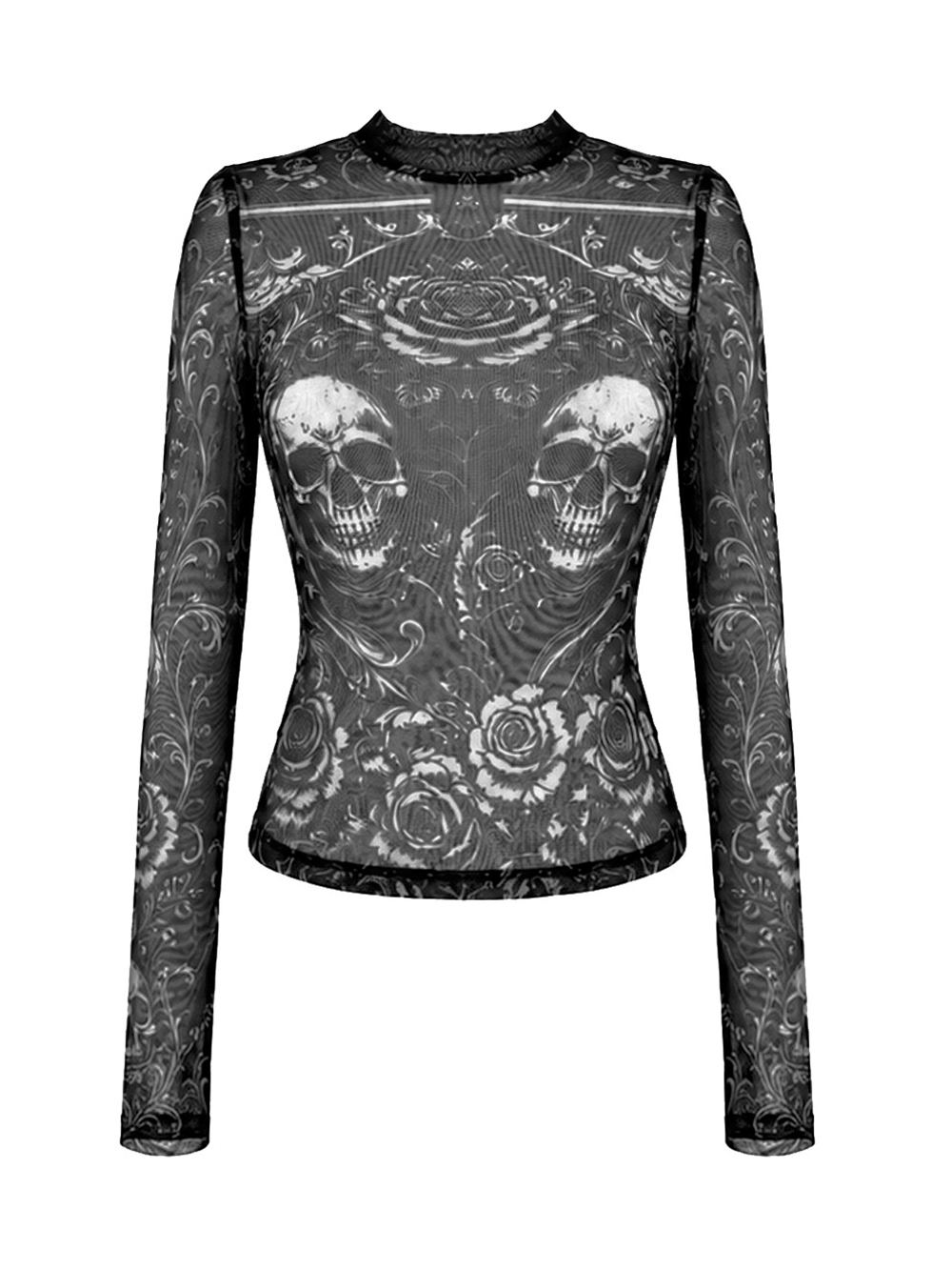 Women's Gothic Skull and Rose Mesh Long Sleeve Sheer Top