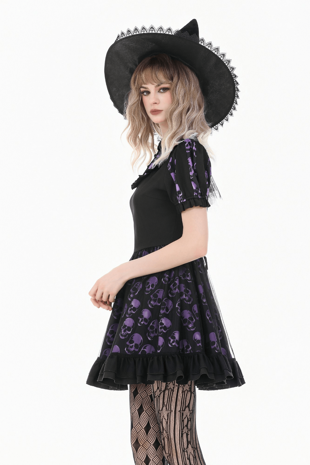 Women's Gothic Skull Print Mini Dress with Puff Sleeves