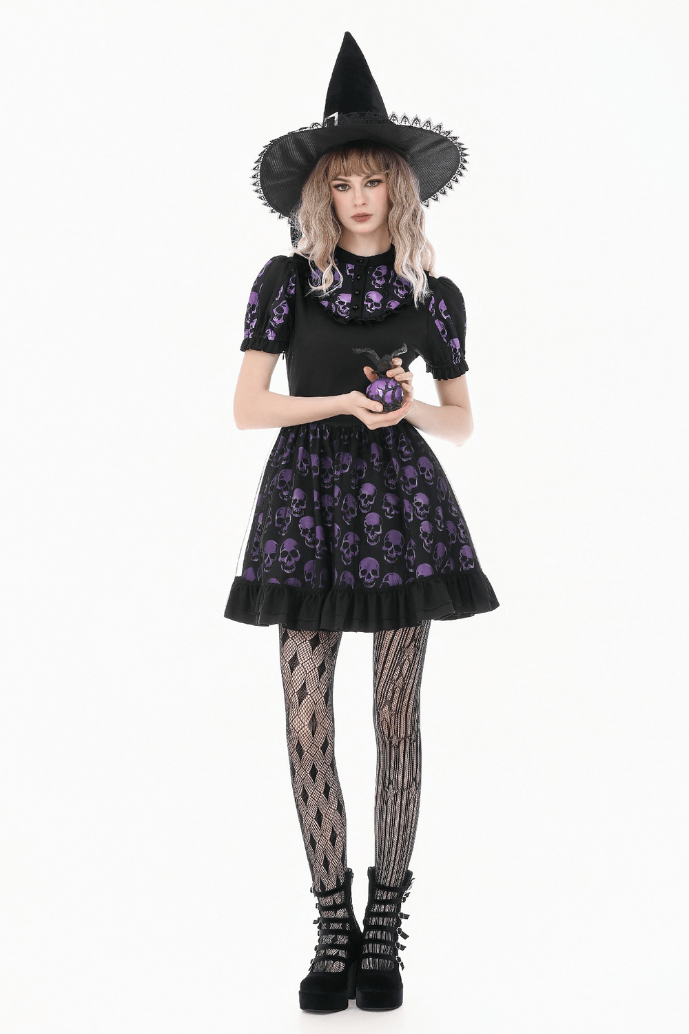 Women's Gothic Skull Print Mini Dress with Puff Sleeves