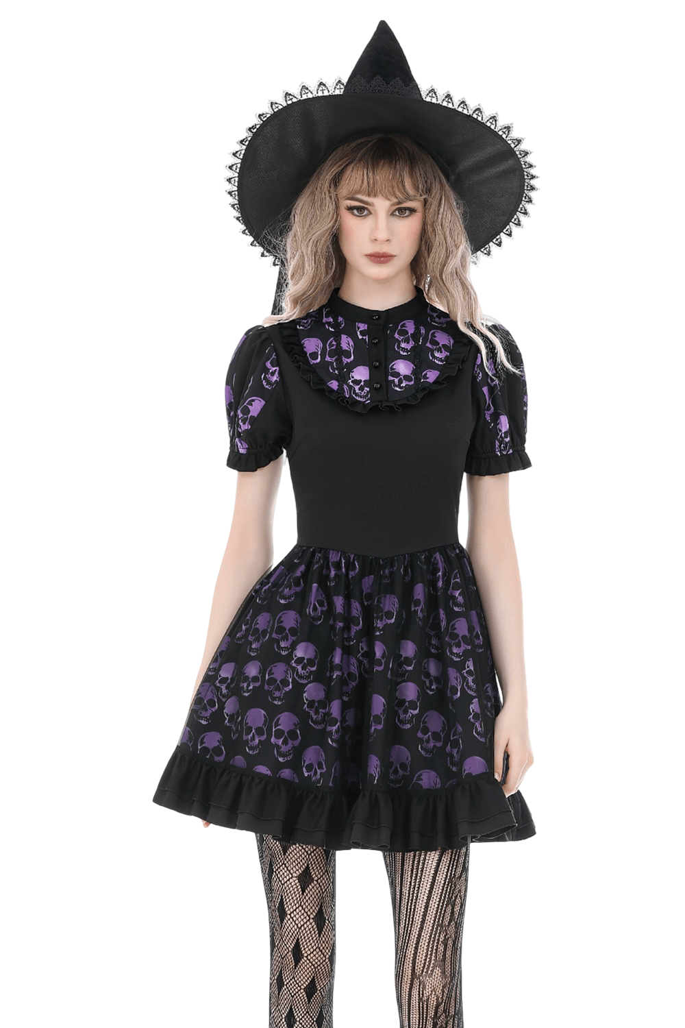 Women's Gothic Skull Print Mini Dress with Puff Sleeves