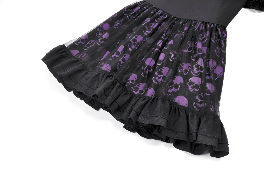 Women's Gothic Skull Print Mini Dress with Puff Sleeves