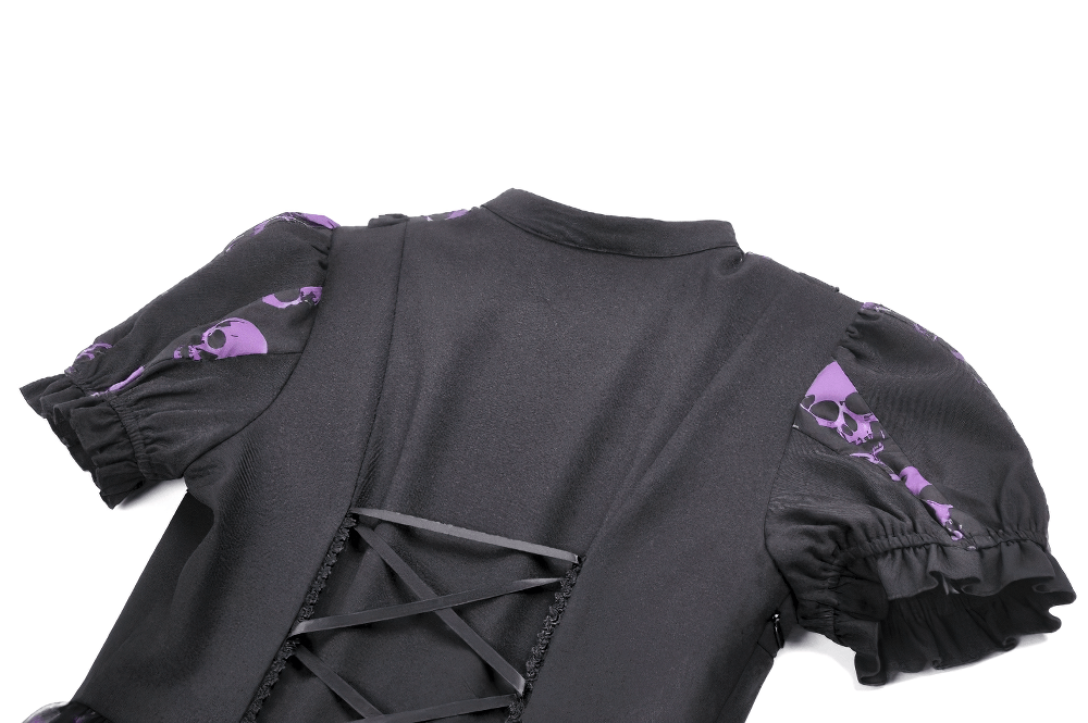 Women's Gothic Skull Print Mini Dress with Puff Sleeves