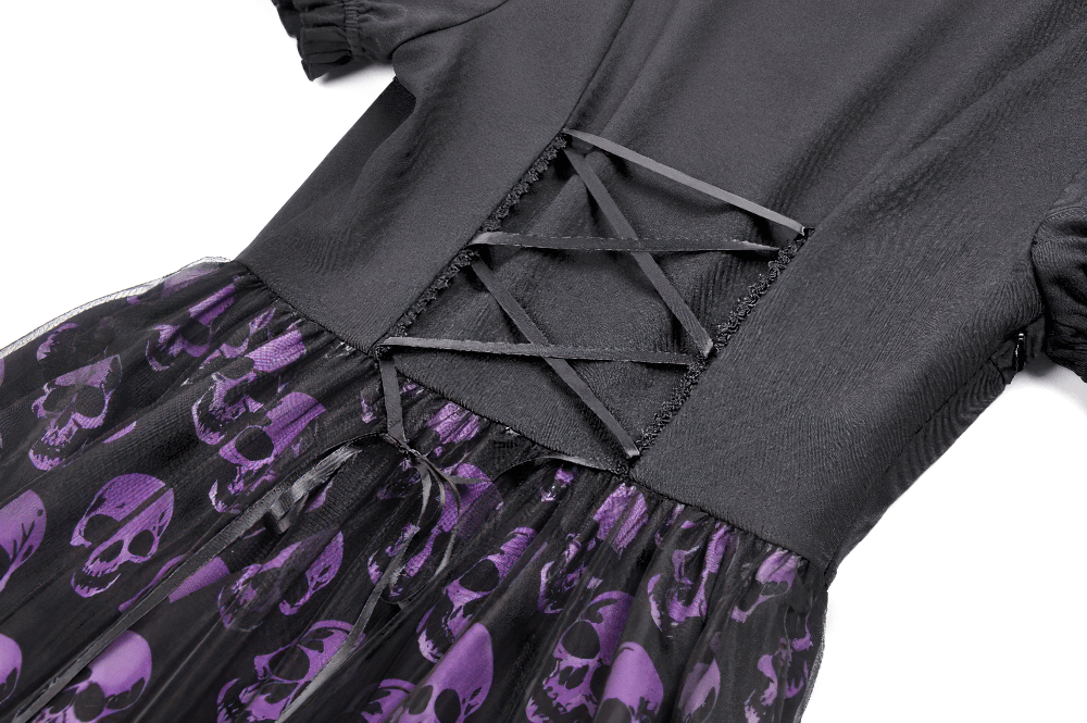Women's Gothic Skull Print Mini Dress with Puff Sleeves