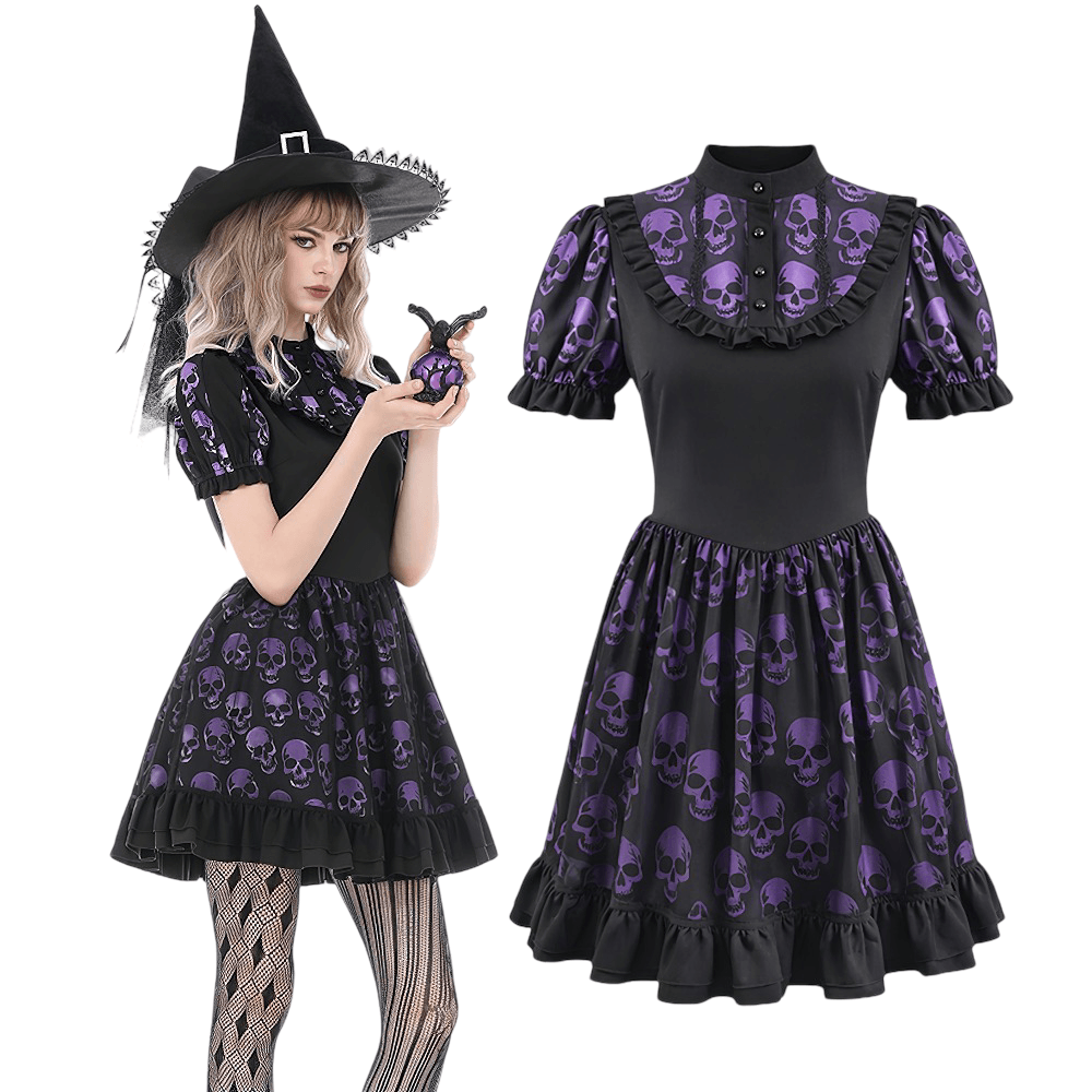 Women's Gothic Skull Print Mini Dress with Puff Sleeves